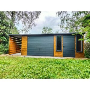 domek ogrodowy7,5×6 drewnopodobny brama uchylna