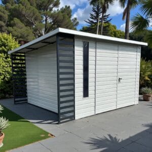 Domek ogrodowy narzędziowy 4×3,5 z drewutnią po lewej stronie