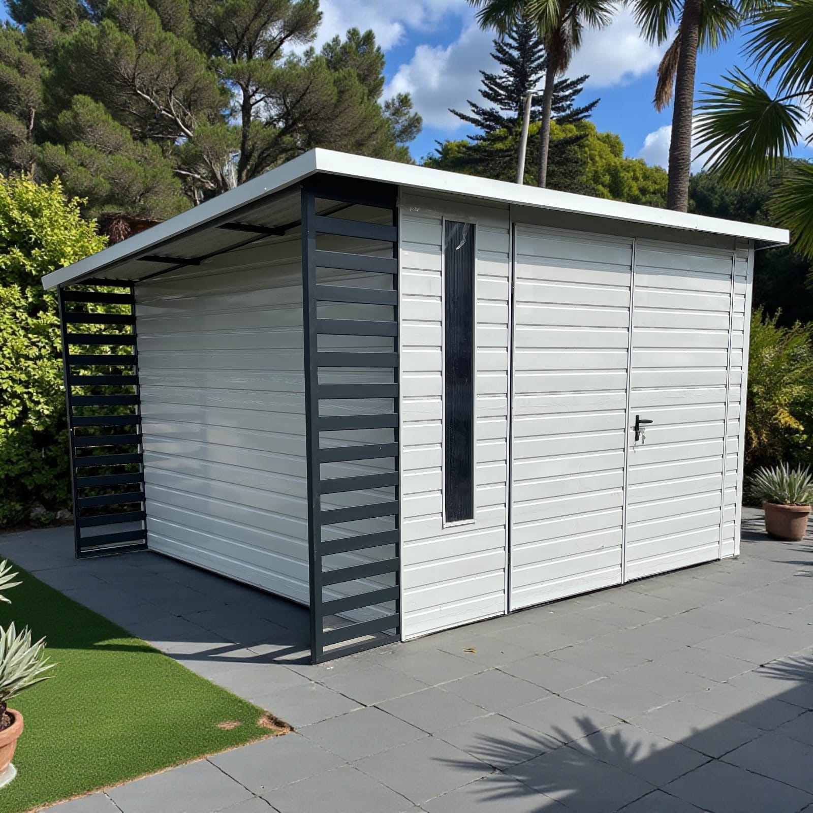 Domek ogrodowy narzędziowy 4×3,5 z drewutnią po lewej stronie