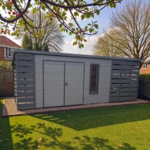 Domek ogrodowy z płyty warstwowej 7x4 z drewutnią i wiatą