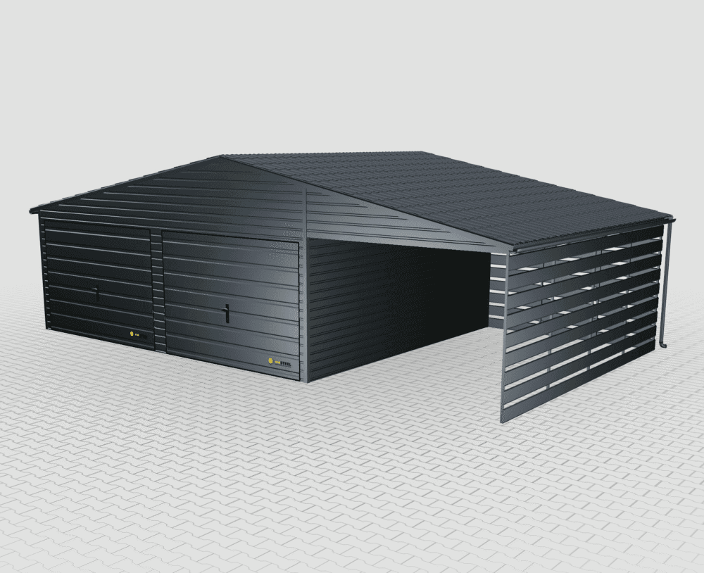 Garaż blaszany Premium 9x5 dwuspadowy z wiatą po prawej stronie