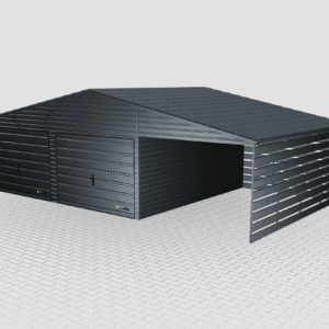 Garaż blaszany Premium 9x5 dwuspadowy z wiatą po prawej stronie