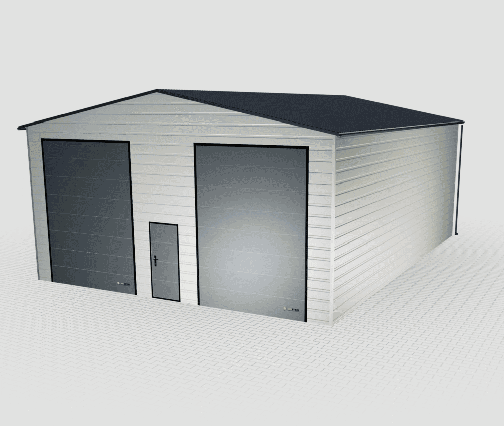 Garaż ocieplany z płyty warstwowej biały 9x12, 2 bramy segmentowe