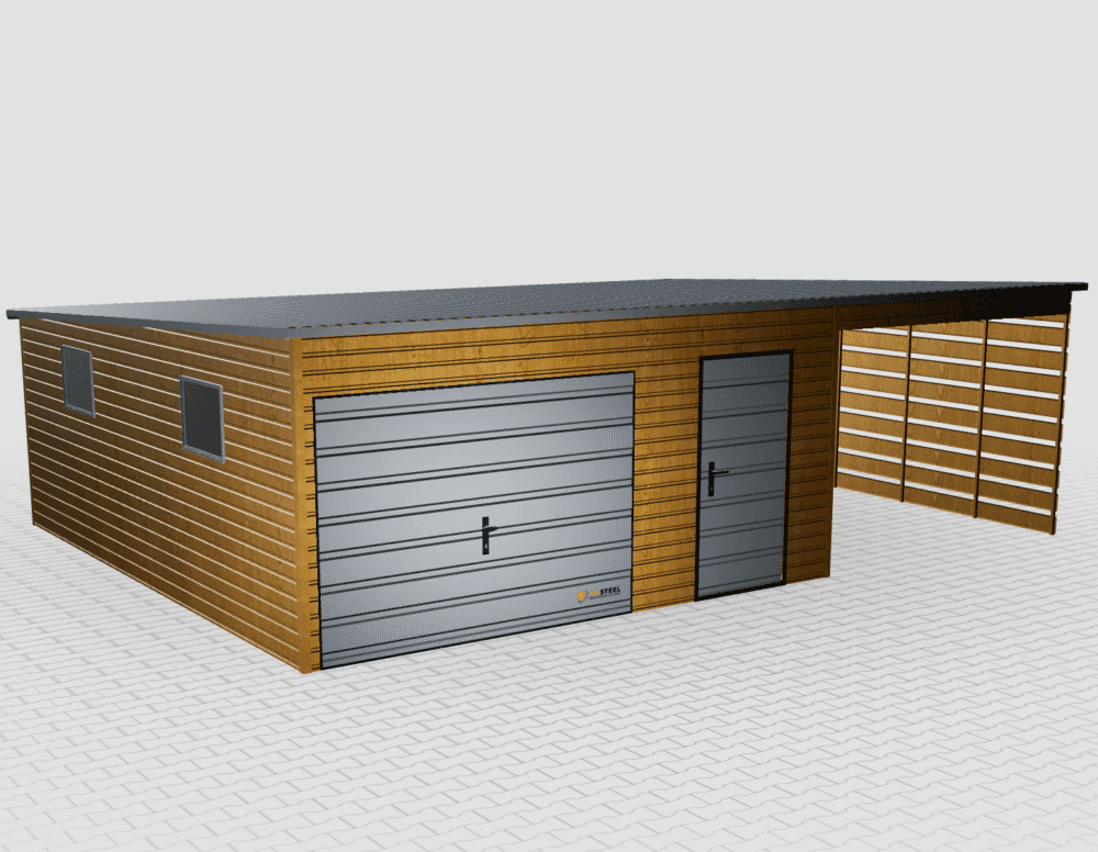 Garaż blaszany Premium 8x6 z wiatą po prawej stronie