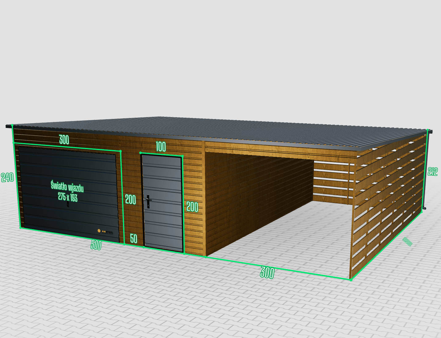Garaż blaszany Premium 8x6 z wiatą po prawej stronie - obrazek 2