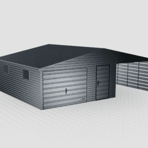 Garaż blaszany Premium 8x6 dwuspadowy z wiatą po prawej stronie