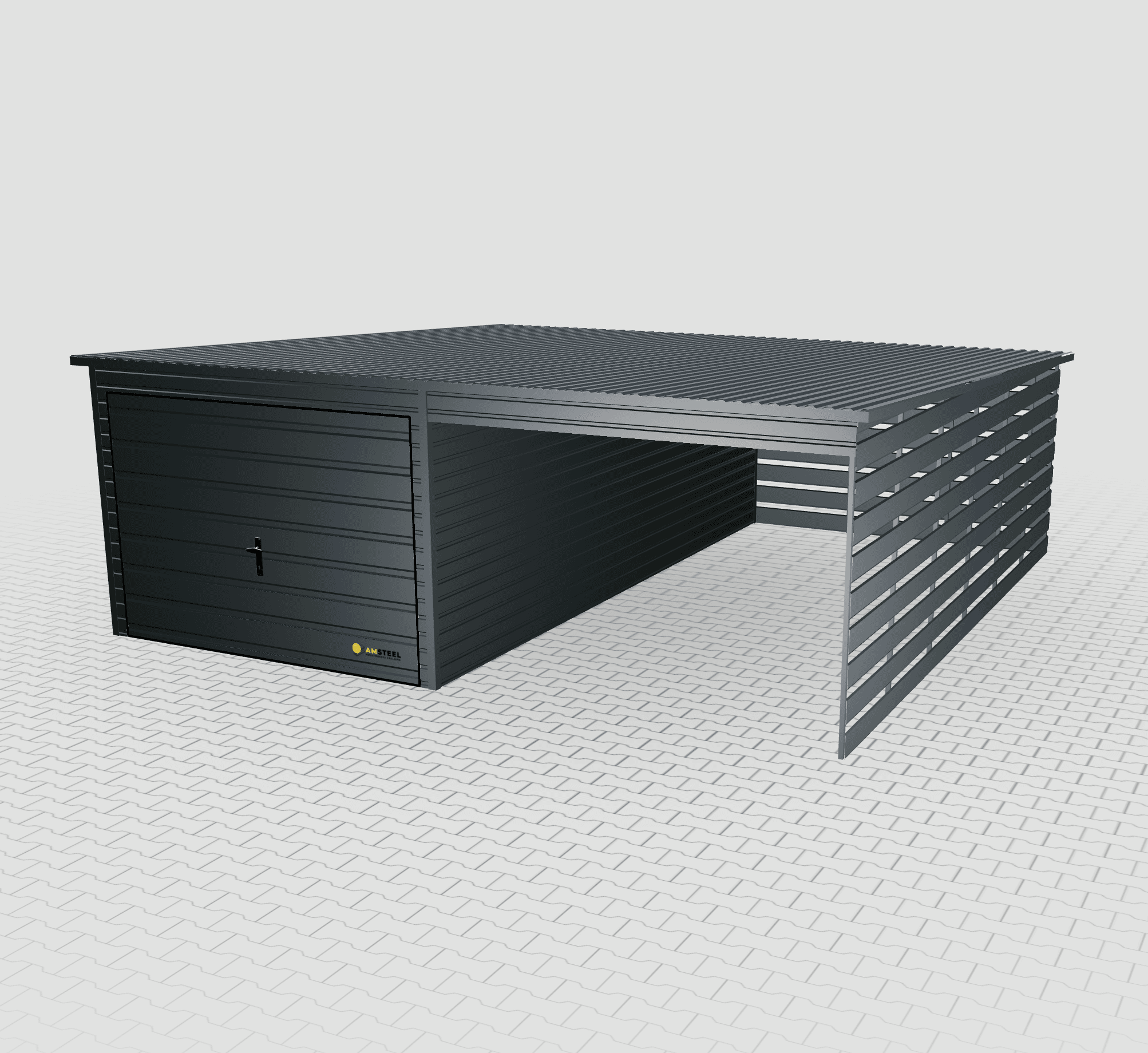 Garaż blaszany Premium 6x6 z wiatą po prawej stronie