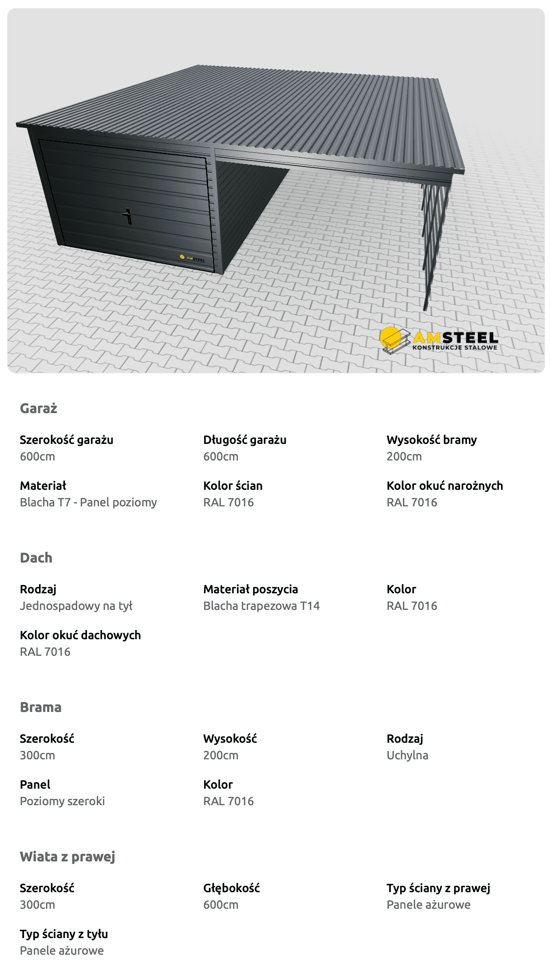 Garaż blaszany Premium 6x6 z wiatą po prawej stronie - obrazek 4