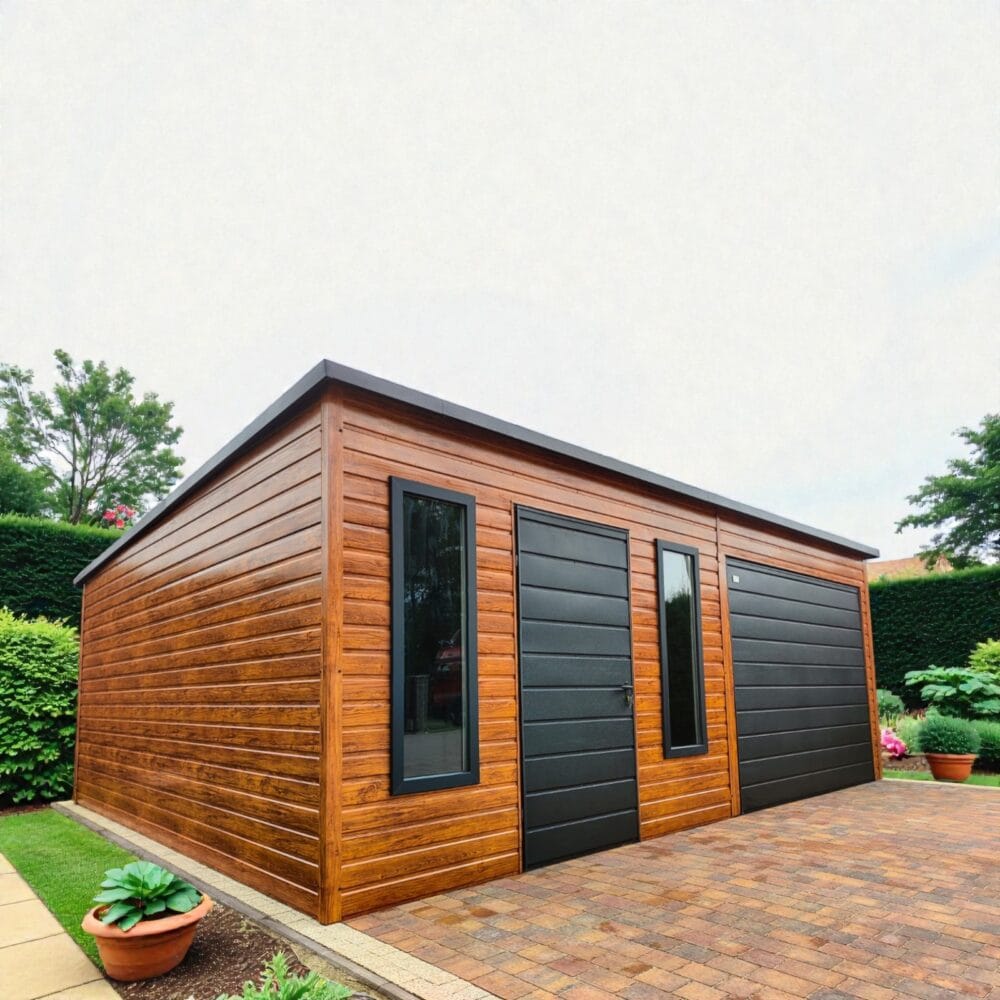 Domek ogrodowy 6×5,8 drewnopodobny ze schowkiem