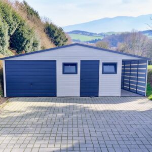 Garaż blaszany Premium 8,5×6m z wiatą, dach dwuspadowy