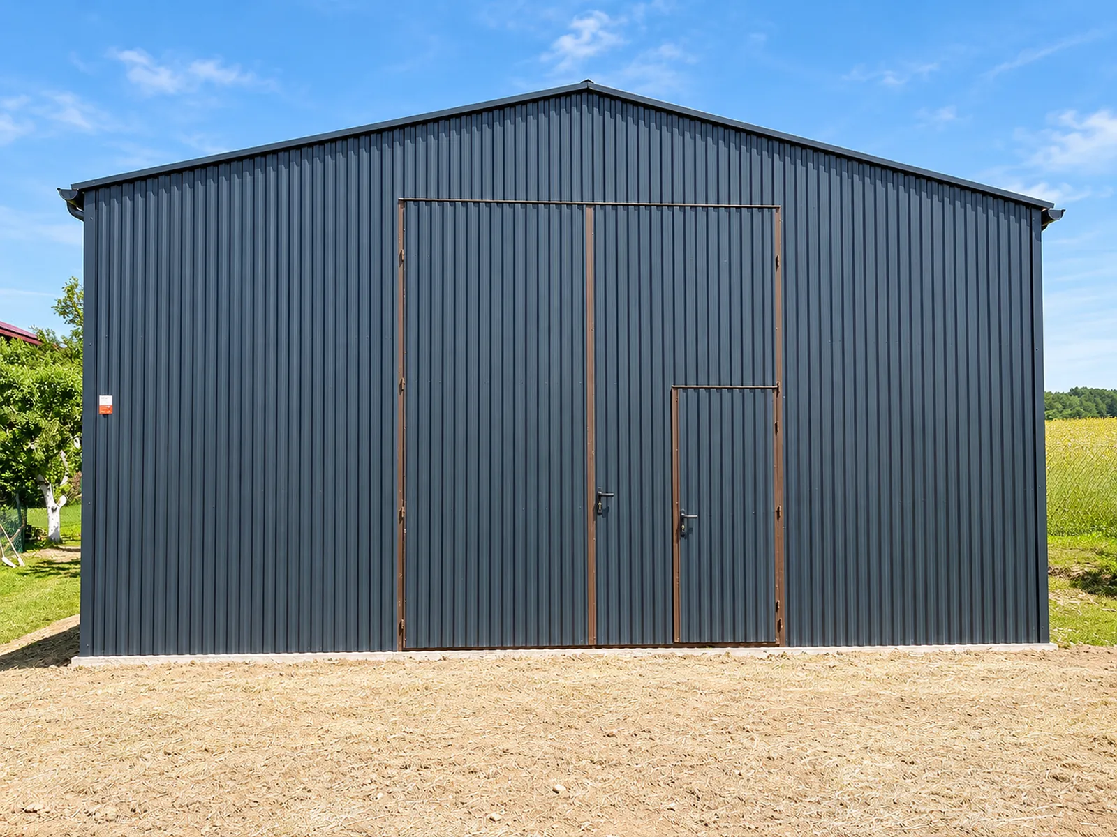 Hala magazynowa 12×30 m grafit mat z bramą 4×4 m i drzwiami w skrzydle bramy - obrazek 4