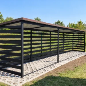 Drewutnia metalowa 8×1 m grafitowa z ażurowymi ścianami i brązowym dachem