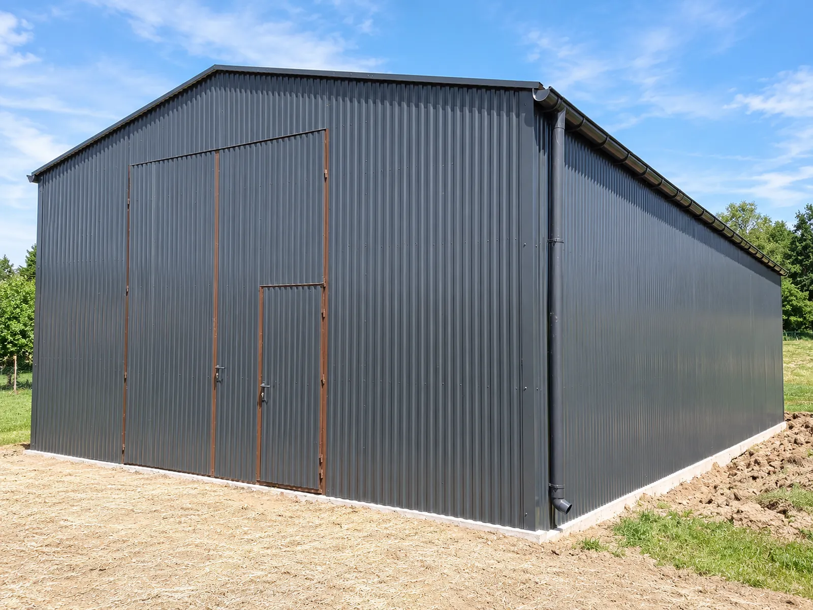 Hala magazynowa 12×30 m grafit mat z bramą 4×4 m i drzwiami w skrzydle bramy