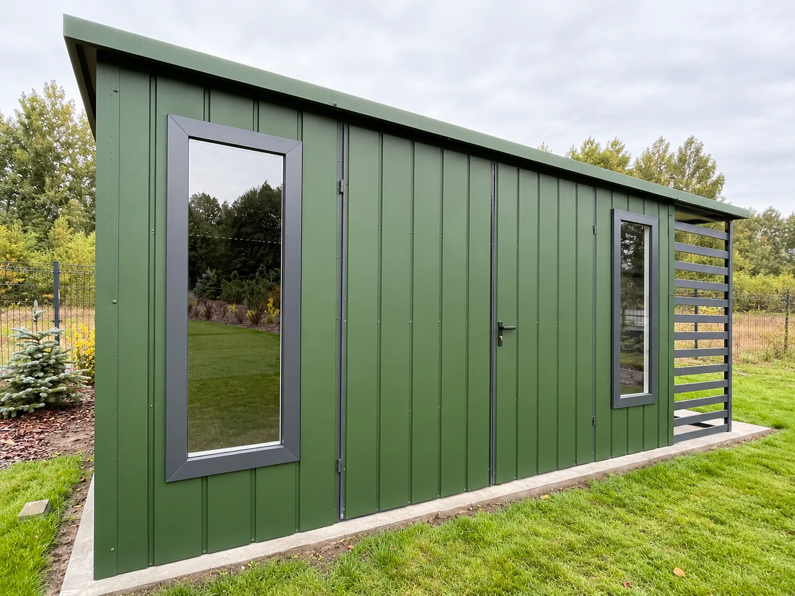 Domek ogrodowy narzędziowy 5 x 5 m z drewutnią- zielony mat - obrazek 3